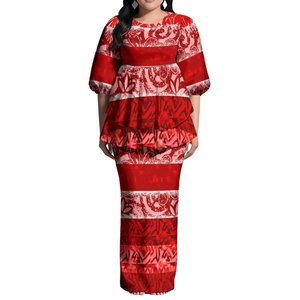 Abito Puletasi Bianco Personalizzato per Donna, Stampa Samoana Polinesiana, Maniche a Sbuffo, Vestito Lungo Maxi con Spacco Posteriore, Set 2 Pezzi - Product Image 5