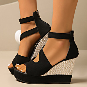 Women Perforated Wedge Summer New Suede Back Zipper European and American Style Platform Thick Sole Peep Toe <b>Sandals</b> - Product Image 2