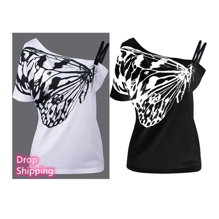Hot Sale Fashion S-5XL Plus Size Thin Strap Slash Neck Single Sleeve Animal Butterfly Print Long Shirts for Women