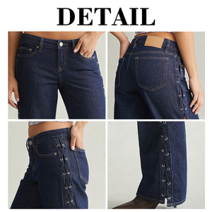 Jean évasé taille basse pour femme KingSen, en denim indigo brut, avec œillets latéraux et lacets ajourés, style Y2K vintage streetwear - Product Image 6