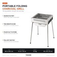 Barbecue au charbon de bois pliable portable 46,5x40,5 cm en acier inoxydable, hauteur réglable pour le camping et la terrasse