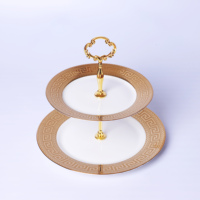 Plateau de service de luxe en céramique dorée à 2 niveaux, écologique et durable – Assiette à dessert double couche pour hôtels, thé de l'après-midi et usage domestique