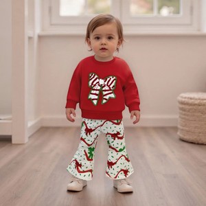 Ensemble 2 pièces Noël 2026 pour tout-petits : Sweat-shirt brodé motif arbre et nœud Coquette, et pantalon patte d'éléphant Noël – <span class=keywords><strong>Tenue</strong></span> de boutique pour fille - Product Image 3