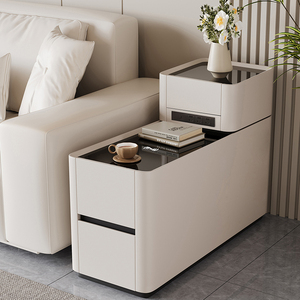Leather Light Luxury Multi-Function <b>Side</b> Cabinet 3-<b>Drawer</b> Wireless Charging Tempered Glass Top Simple Modern Design Living A22 L - Product Image 3