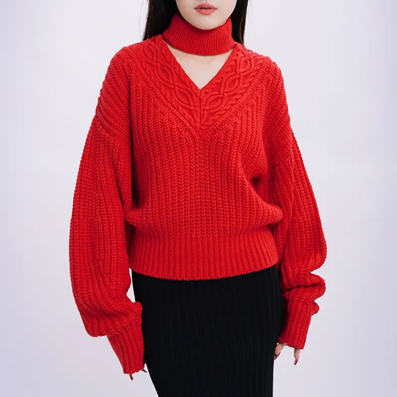 Роскошный Красный винтажный женский свитер с воротником и длинным рукавом текстурированный мягкий женский свитер джемпер с круглым вырезом