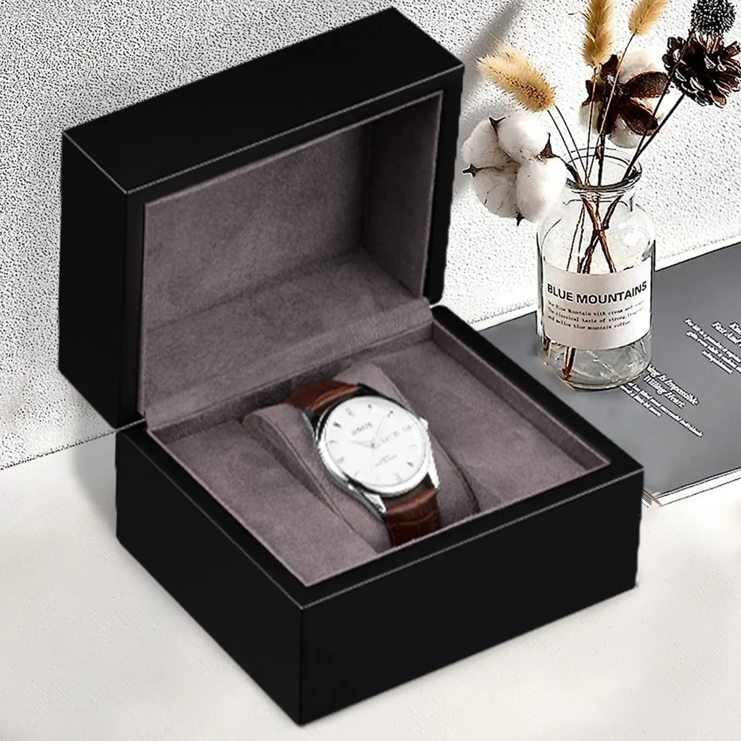 Logotipo personalizado luxo embalagem relógio caixa display pu couro dentro preto relógio de madeira presente caso para viagens assistir caixas