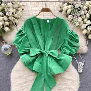 Blusas Casuales de Manga Corta para Otoño, Blusas con Mangas Abullonadas y Drapeadas para Mujer, Tops de Fiesta para Mujer, Ropa al por Mayor - Product Image 3