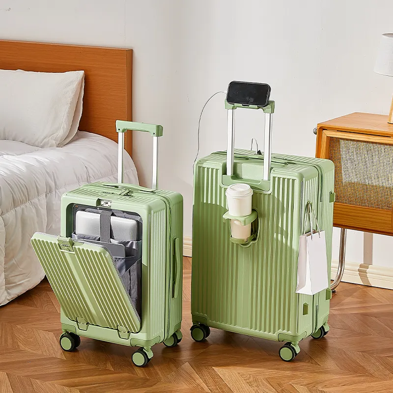 Multifunctional Suitcase Aluminum Frame travel case Spinner Wheel USB Charger Carry on Travel Luggage with cup holder