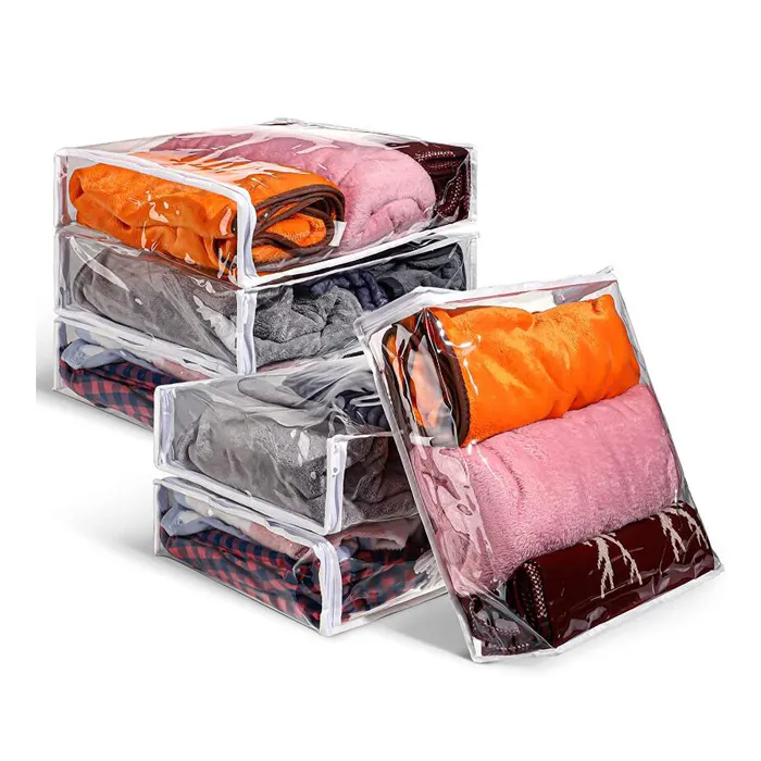 Plastic Clear Zippered Sweater Storage Bags For Blankets Clothes Bed Sheet Organizer