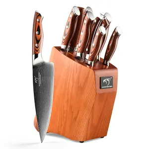 Juego de cuchillos de chef de acero de Damasco de 9 piezas con bloque de madera Juego de bloques de cuchillos un juego de cuchillos para la cocina