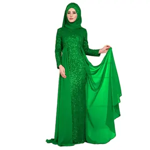 穆斯林鱼尾连衣裙亮片长袍迪拜阿拉伯服装穆斯林时尚长袖亮片连衣裙