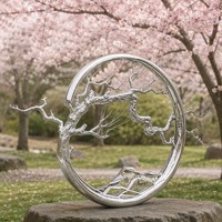 Sculpture circulaire d'arbre de pin d'inspiration zen - Art extérieur sur mesure de grande envergure en acier inoxydable