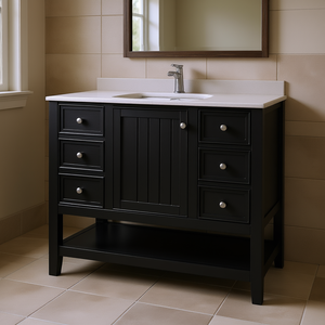Mueble de Baño Rústico de 36 Pulgadas, Gabinete Negro con Una Puerta y Tres Cajones, Diseño Resistente al Agua - Product Image 2