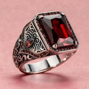 Retro Ethnischer Europäisch-Amerikanischer Stil Set mit Rot Grün Blau Diamant Herren Breiter Fingerring für Männer - Product Image 4