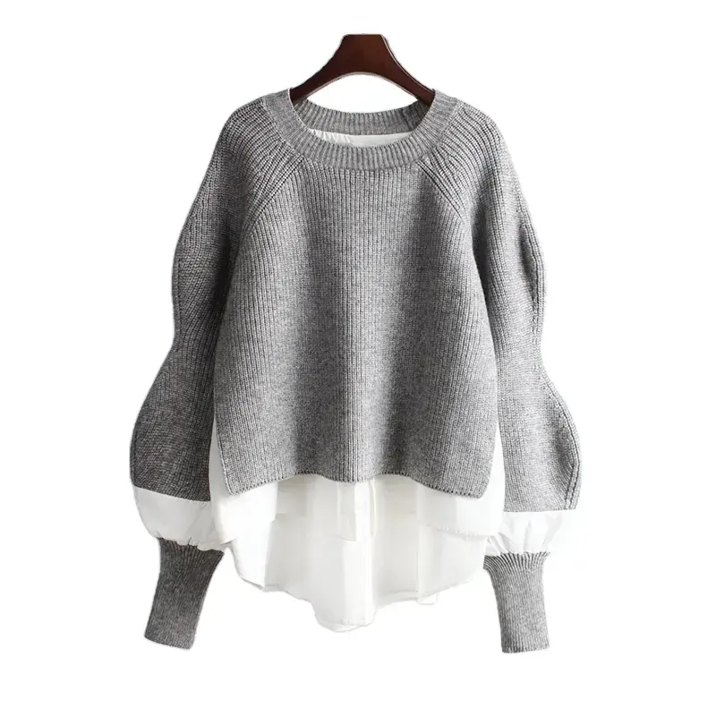 Women Fall Sweater Long Sleeve Stitching Fabric Designer 100% Cotton Sweater