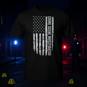 Camiseta Negra con la Bandera Americana para Investigador de Escenas del Crimen, Cuello Redondo, Manga Corta, Ropa Promocional con Temática de CSI para Hombre - Product Image 4