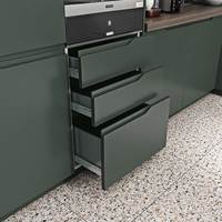 Meubles de cuisine OPPEIN en forme de L, aspect métallique, forte capacité de rangement, peinture laquée, avec comptoir en quartz