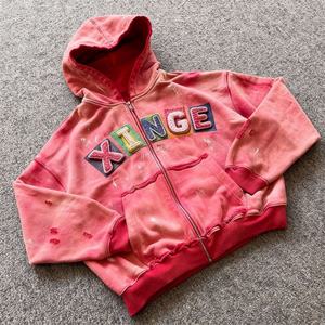 Sudadera con capucha personalizada estilo urbano 2026, diseño desgastado, vintage, con bordado 3D, para hombre, corte holgado, con cremallera, lavado ácido - Product Image 1