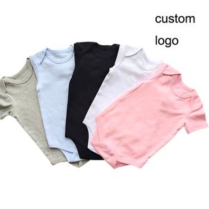 Baju Bayi Laki-laki Organik Katun Polos Warna Solid Lengan Pendek Kustom untuk Musim Panas, Romper Rajut 0-12 Bulan - Product Image 1