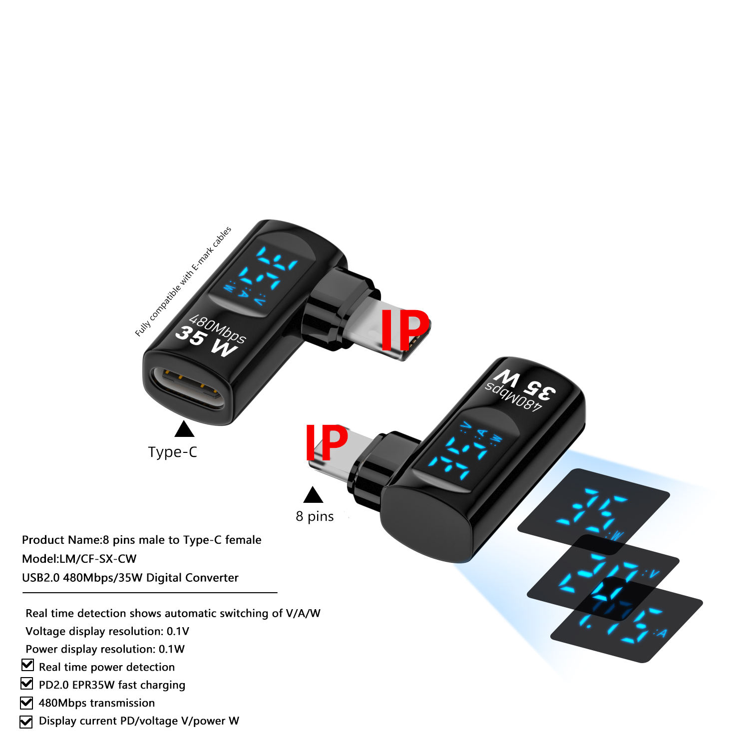 Black C to 8 pins male