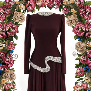 Elegant Women's <b>Long</b> Sleeve Maxi <b>Dress</b> High Neck Beaded Silk Pleated Hem Party Evening Wear - Product Image 2