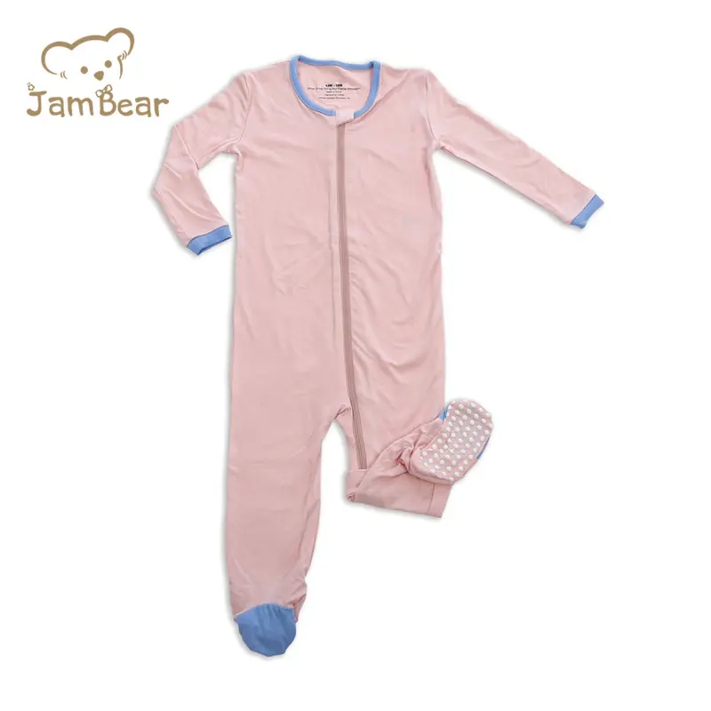 JamBear ชุดนอนเด็กออร์แกนิกแบบมีซิป,ชุดนอนเด็กทารกผ้าใยไผ่ออร์แกนิกมีซิปสีชมพู