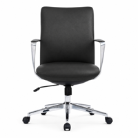 Chaise de conférence en cuir PU noir (avec dossier rembourré, accoudoirs fixes et roulettes pivotantes)