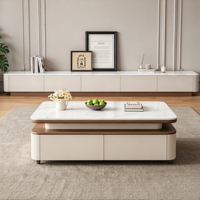 Table basse relevable moderne VOXHOME avec plateau en pierre frittée, tiroirs de rangement et roulettes pour salon et mobilier de maison