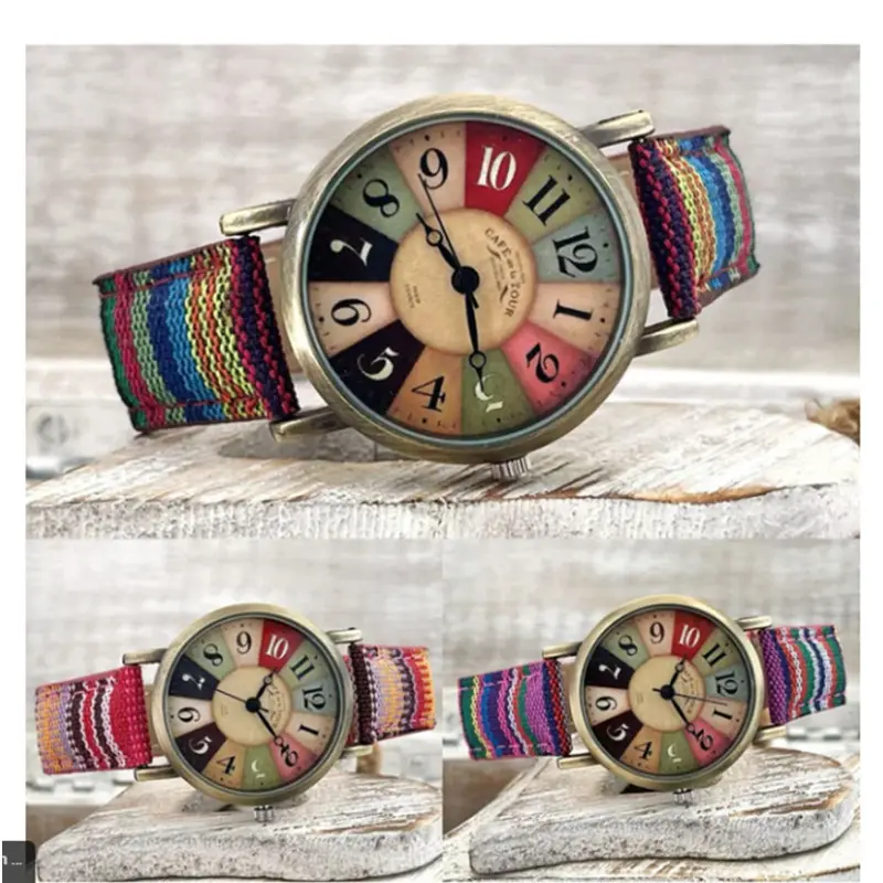 Orologi con cinturino intrecciato in pelle arcobaleno colorati con quadrante stampato geometrico da donna orologio da polso cinturino in tela orologio al quarzo