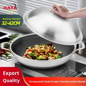 316 <span class=keywords><strong>Wok</strong></span> en acier inoxydable à double oreille 40 <span class=keywords><strong>42</strong></span> grand fond plat antiadhésif casserole de cuisson domestique écran double face à faible teneur en huile fumée - Product Image 4