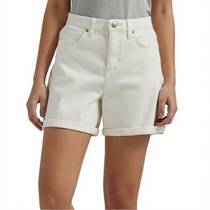 Shorts en toile de coton blanc taille haute pour femme, cinq poches, décontracté, fermeture boutonnée, coupe classique - Product Image 3