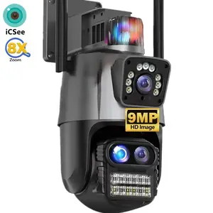 9MP 4K שלוש עדשות מסך כפול 8X זום ICsee חיצוני NVR בלוטות' מעקב וידאו אלחוטי IP PTZ מצלמת טלוויזיה במעגל סגור אבטחת WiFi