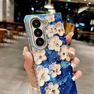 High-end luce blu pittura a olio a fiore custodia del telefono di moda per <span class=keywords><strong>Samsung</strong></span> Z piega 6 obiettivo della fotocamera piastra sottile Cover posteriore del telefono - Product Image 2