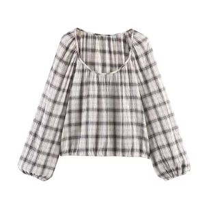Blusa informal de moda para mujer, cuello redondo, manga larga, estampado a cuadros, color blanco y gris - Product Image 2