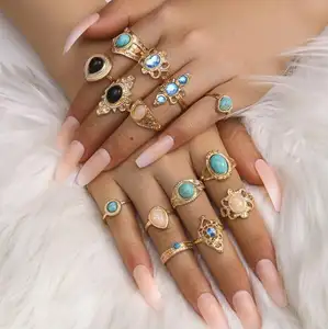 New Vintage Blue Gemstone Ring Set Rhinestone Geometric Knuckle Rings For Women