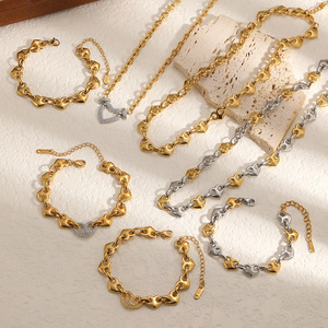 Heart Shape Stainless Steel Necklace And <b>Bracelet</b> <b>Set</b> 18k Gold Plated Clavicle Chain Unisex Everyday Wear Jewelry - Product Image 1