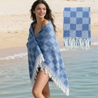 Oversized Plaid Beach Towel with Tassels Cotton Blend Quick Dry Travel Blanket Pool Towel for Adults