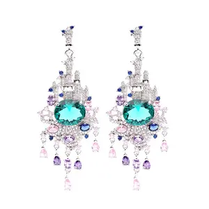 SS20 new jewellery S925 silver fantasy colorful zircon castle tassel statement earrings with emerald for women