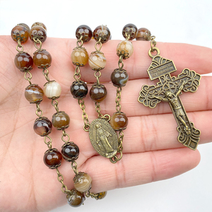 Rosario Católico de Piedras Preciosas con Baño de Bronce Antiguo de 8 mm, con Rayas Color Café, Adornado con Perlas de Ágata y Medalla <span class=keywords><strong>Milagrosa</strong></span> - Product Image 5