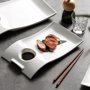 Unique Restaurant Tableware Ceramic Irregular Rectangle Wave Shaped White Dinner Plates with Sauce Dishes