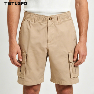 Manufacturer Khaki Cargo Shorts Dual Flap Pockets Metal Button Waist Adjustable Waistband Relaxed Fit Shorts - Product Image 1
