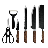 Ensemble de couteaux de cuisine 6 pièces avec lames en métal à revêtement antiadhésif et manche en bois comprenant un éplucheur et des ciseaux