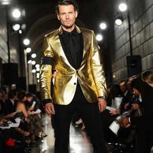 Completo da Uomo Dorato Lucido, Costume Homme per Matrimonio, Smoking Slim Fit per Sposo, <span class=keywords><strong>Blazer</strong></span> da Cerimonia in Due Pezzi - Product Image 1