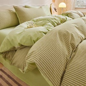 ชุดผ้าปูที่นอนลายทางเรียบง่าย ผ้าฝ้าย 4 ชิ้น ชุดผ้าคลุมเตียง ผ้าฝ้าย รุ่นใหม่ ปี 2026 พร้อมผ้าปูที่นอนและปลอกผ้านวม ปลอกหมอน - Product Image 4