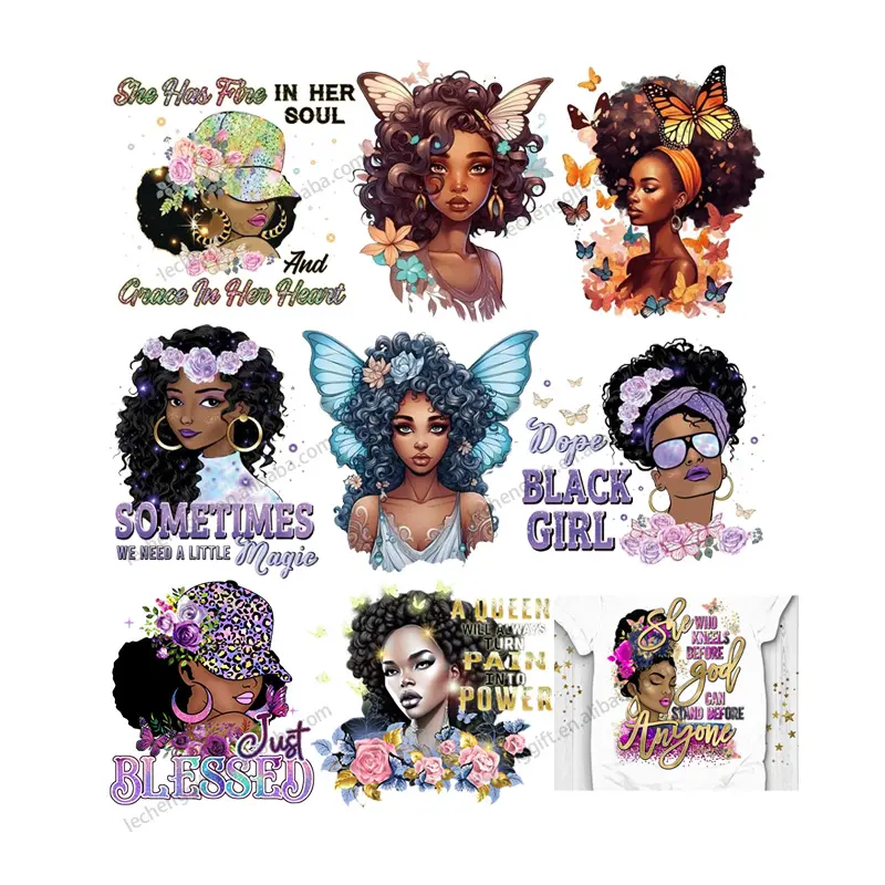 high quality custom design black women afro girl African American ready to heat press dtf transfer sticker for clothes
