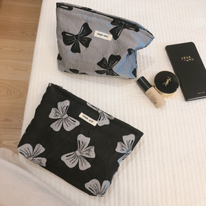 Bolsa de Maquillaje de Lona Jacquard con Lazo de Mariposa Pequeño en <span class=keywords><strong>Negro</strong></span> y Gris, con Cierre, Organizador de Cosméticos Portátil - Product Image 5