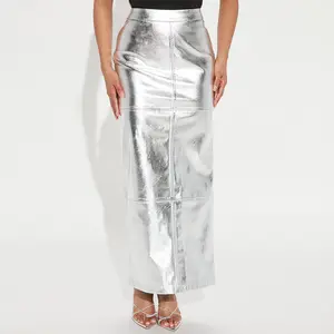 New Fashion Elegant Zipper High Waist Sexy Skinny Straight Slit Pu Long Skirt Metallic Leather Party Skirt For Women