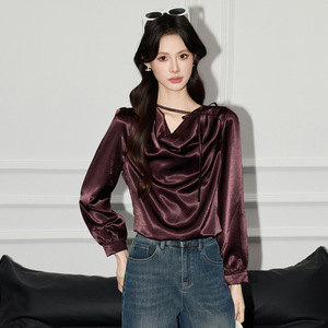 Women's Long Sleeve Dark Purple Satin Blouse With <b>Wrap</b> Tie Neck V Neck Design For Everyday Wear - Product Image 1