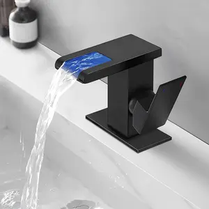 LED Latão Sólido Cachoeira Preto Único Buraco Torneira Pia Do Banheiro 3 Cores Luz Mudando Único Punho Vanity Faucets