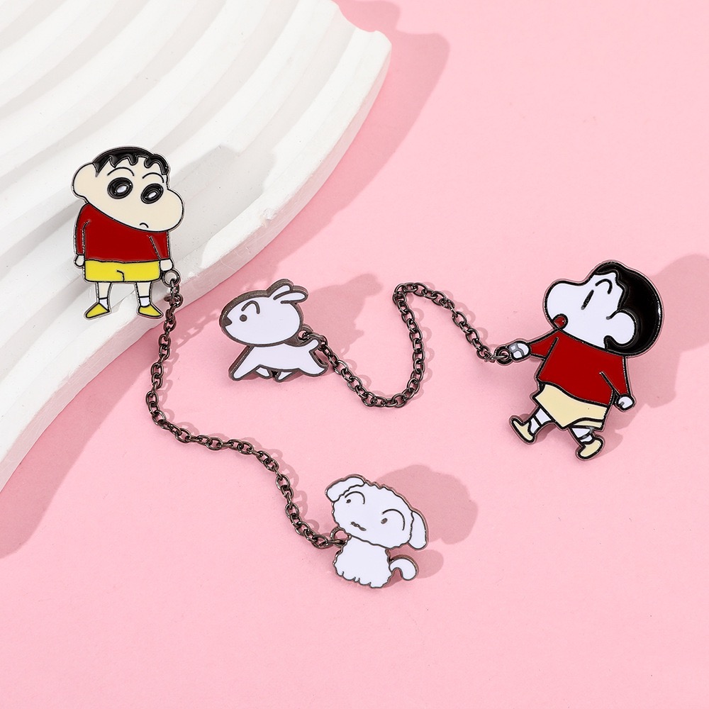 Cartoon Boy & Dog Chain Brooch - Playful Anime Style Metal Badge with Pendant - Fashionable Bag & Jacket Accessories